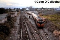 On the 15th September 1989, 001 Class loco No.014 with its distinctive missing CIE logo, departs Cabra with a rake of cement &#39;bubbles&#39;. The one time signal cabin at Cabra was located between the sidings and the main line. ©Colm O&#39;Callaghan