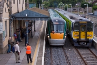 Two generation of diesel railcars meet at Carlow Station, the newer 22000 Class, No.22201, is seen arriving in from Dublin. The IRRS tour is returning to the capital having traversed the now disused Waterford to Rosslare line.
