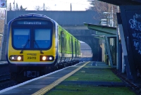 29000 Class No.29419 pauses briefly at a quiet Castleknock Station on a cold February morning with a service from Dublin&#39;s Docklands to Clonsilla.
