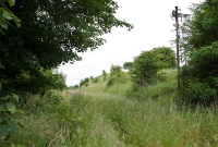 The eastern approach to Castletown is marked firstly by the long embankment before entering this grassy cutting On the right is the &#39;Down&#39; distant signal, which still retains its lamp. The wiring, once connected to Castletown signal cabin, has been cut.