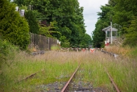 A distant view of the former station at Castletown, looking east towards Mullingar. The fencing on the &#39;Up&#39; platform seperates the private station building from CIE property.