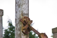 The close up view of the counter weight still mounted on the former signal post at the Mullingar end of Castletown Station. The post is probably an original Midland Great Western Railway type, dating pre-1925.