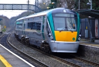 The third member of the 22000 Class diesel railcar fleet, No.22003, passes through Clonsilla Station with a service to Sligo. The cue ball number on these railcars have since been replaced.