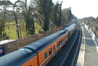 This 2800 Class railcar is seen standing at the down platform at Clonsilla Station. The &#39;Arrow&#39; livery later gave way to a more modern &#39;commuter&#39; branding