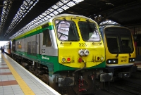 &#39;Intercity&#39; liveried 201 Class locomotive 223 is seen at terminal platform 4 at Connolly Station having brought in a rake of 1972 built MK2 coaching stock. No.223 is named &#39;Abhainn na hAinnire&#39; or in English &#39;River Anner&#39;.