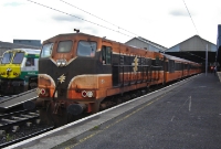 On this day 181 Class loco No.185 is seen acting as Connolly Station&#39;s pilot or shunting locomotive, seen preparing to haul this rake of Mk2 stock from the platform 4 to the carriage sidings.
