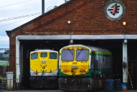 071 Class loco No.085 and 201 Class loco No.228 are seen stabled at Connolly Station&#39;s locomotive shed. This Victorian railway shed was built by the Great Northern Railway in the late 19th century.