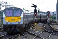 An &#39;Enterprise&#39; set headed by DVT No.9001 makes its way across the points from the wash road at the north end of Connolly Station prior to working a morning Dublin to Belfast service.