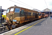 141 Class locomotives Nos.152+171 are seen at the head of the IRRS special to Limerick, formed of the Mk3 stock. The contrast of weathering is clearly evident between the two loco&#39;s liveries, the grubby looking 152 is seen with the IRRS headboard.