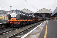 Seen restored to their original CIE 1962 livery of black &#38; tan, 141 Class locomotives B141+B142 stand at the head of the Railway Preservation Society of Ireland&#39;s &#39;Diesel Do&#39; railtour from Dublin to Longford.