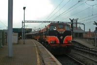 071 Class loco No.077 stands at the north end of Connolly Station having arrived with a service from Rosslare. The loco is seen been uncoupled from its Mk2 coaching stock prior to stabling in the locomotive shed. Rosslare trains have now long been operated by diesel railcars.