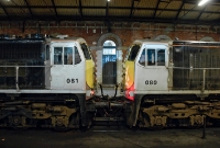 Locos Nos.081+080 stand at platform No.4 at Connolly Station having arrived from Limerick on the RPSI &#39;Mystery Train&#39;. Both locos entered service with CIE in May 1977.