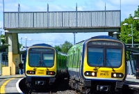 A busy scene at Coolmine Station sees 29000 Class railcars Nos.29403 &#38; 29423 pass each other while working commuter services between Maynooth and Dublin City.