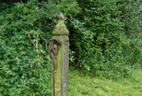 Beside the waiting room is the only remaining part of the MGWR footbridge at Crossdoney. This the typical post found at the bottom of what were the steps, you can see how the rest of the bridge has been cut away from it.