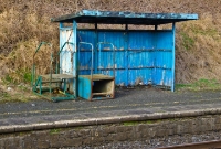The facilities at the Curragh platforms are not generaous; this is the waiting shelter on the up platform. Because of the low platforms not being able to reach the height of the carriages, a step ladder on wheels is permanently kept here.