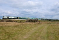 201 Class loco No.224 races across the flat Curragh plain  with a morning &#39;down&#39; Dublin to Cork express.