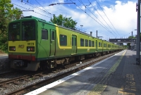 No.8623, with its more distinctive flat roofed profile, is seen on the rear of this long 8-car 8500 DART set seen preparing to leave on a southbound service from Dalkey Station.
