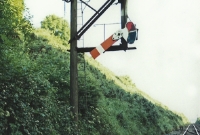 For the modellers delight, a shot of Donabate&#39;s &#39;Up Starter&#39; semaphore signal, a typical Great Northern design seen at other stations on the main line. The semaphore signals at Donabate were removed in 1983. ©Barry Pickup