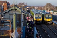 Two 29000 Class railcars are seen together at the north end of Donabate Station; No.29429 is heading north for Balbriggan while No.29428 is heading south to Bray. Donabate signal cabin will soon be obscured as the new footbridge takes shape.