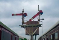 At the end of the platform at Downpatrick Station are two surviving Belfast &#38; Co.Down Railway semaphore signals, which came from Bangor when the signal cabin there closed in 1988. The examples here are very much like the ones once located at the original BCDR station platform, which closed in 1951.