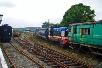A view from the single platform at Downpatrick Station in November 2004, showing a mixed rake of ex CIE and Midland Great Western victorian stock.
