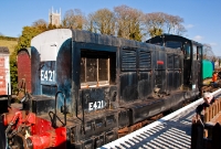 Close up of E421, seen standing at Downpatrick Station while making up a train to Inch Abbey. The loco is painted in its final livery of all over black. The loco was withdrawn by CIE in mid 1983. E421 was the Downpatrick &#38; Co.Down&#39;s first operational locomotive at the railway in 1987.