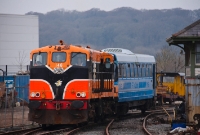 The Downpatrick Railway&#39;s latest acquisition, 141 Class loco No.146, approaches the station hauling the NIR railbus RB3, which had failed on an outward to journey to Magnus&#39;s Halt.