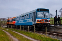 The Northern Ireland Railway railbus, No.RB3 complete with the Irish Traction Group&#39;s headboard, stands at King Magnus&#39;s Halt having arrived on a special from Downpatrick.