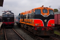Two generators of CIE diesel traction meet at Downpatrick Station, with English Metrovick built A Class loco No.A39 dating from 1955, and USA General Motors built 141 Class No.146, dating from 1962. Both these locos had long careers, surviving well into the Irish Rail era.
