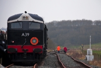 On a somewhat dullish day, A39 stands at Inch Abbey Halt having arrived on the ITG special from Downpatrick. The track on the right is the run round loop to which A39 will shortly traverse.