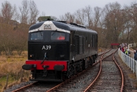 A39 runs round the ITG special at Inch Abbey during the &#39;146 Launch&#39; day at the Downpatrick Railway. The buffer stop in the background marks the northern end of the railway from Downpatrick.