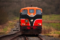 Loco 146 complete with the ITG headboard is now seen preparing to back down onto the ITG special to King Magnus&#39;s Halt at Inch Abbey. In the distance can be seen a fenced farm track which converges with the railway line, this being the former trackbed of the line to Belfast which closed in January 1950.