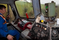 Onboard locomotive 146 for the journey from Inch Abbey to King Magnus&#39;s Halt. Apart from the 201 Class, all of Irish Rail&#39;s locomotive cabs such as those on the 121, 141/181 and 071 Classes are of a standard design, featung the old 1950s CIE &#39;Flying Snail&#39; logo on the control panels.