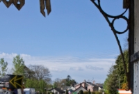 A view from beneath the awning of the station building at Drimoleague, looking west towards Baltimore and Bantry. The branch line to Baltimore continued straight ahead, while the main line to Bantry curved off to the right where the houses are now sited. The signal cabin was once sited here, now long since demolished.