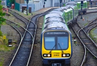 29000 Class diesel railcar No.29108 snakes its way over the points at the south end of Drogheda Station departing on a service to Dublin Connolly. These trains were built by CAF of Spain.