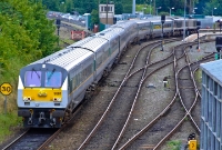 The usual De Dietrich set which forms the &#39;Enterprise&#39; is seen here been led by driving van trailor No.9001, heading out of Drogheda with a midday service from Belfast. In the background the 1850 built Navan branch can be seen diverging to the west.