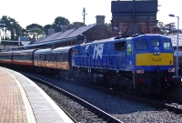 Northern Ireland Railways 111 Class loco No.112, stands at the nouth end of Drogheda Station while working a Railway Preservation Society of Ireland special to Dundalk, to mark the 50th anniversary of the closure of the Great Northern Railway&#39;s Dundalk works.