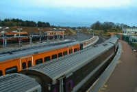 A year later in 2003 sees a busy scene at the south end of Drogheda Station with an &#39;Enterprise&#39;, diesel railcar and locomotives. Work on the new railcar depot had already begun.