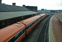 Until the end of 2003, some of the commuter trains to Drogheda and Dundalk were operated by 201 Class locos hauling Mk3 pushpull stock, seen here at Drogheda Station. These services are now operated by 29000 Class railcars.