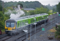 A 29000 Class railcar, No.29103, starts its engine in the stabling sidings at the south end of Drogheda Station, prior to forming a morning commuter service to Dublin.