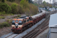 A patchy 071 Class loco No.084 departs Drogheda with the morning loaded Tara Mines ore train from Navan to Dublin Port. Much of the Navan branch, as well as this section of track in Drogheda has recently been relaid and reballased.