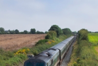 At Colp Bridge, south of Drogheda, Enterprise liveried 201 Class loco No.8208 approaches the town with the 13:20 Dublin to Belfast service.