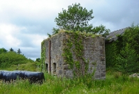 The stone base of the typical SLNCR style Saxby &#38; Farmer manufactured signal cabin survives at Dromahair Station.