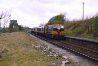 Another March 1988 view of Dromin Jct, taken on the former down platform sees 141 Class looc No.151 heading south with a train from Dundalk. By this time only the water tower remained, visible in the background; all other station buildings at Dromin had been demolished. ©Colm O&#39;Callaghan