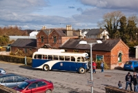 This is the brick built Cavan &#38; Leitrim station at Dromod, built in October 1887 when the C&#38;L opened their 3ft gauge line south from Ballinamore. In the station forecourt is an ex Great Northern Railway gardiner engined bus in 1950s blue and cream livery.