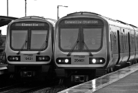 Two 29000 Class railcar pass eachother on this miserable morning at Drumcondra, with No.29421 heading for Clonsilla, while No.29401 is bound to terminate at Dublin&#39;s Connolly Station.