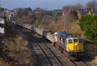 Seen at the same location at Claude Rd is 071 Class loco No.079, heading a train load of concrete sleepers from Portlaoise to Platin near Drogheda. The train would run around in the North Wall yard before proceeding north to Drogheda.