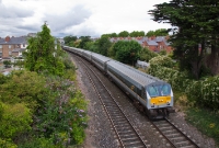 &#39;Enterprise&#39; trailer No.9002 leads a De Dietrich test train from Inchicore Works to Dublin Connolly, past Claude Rd, en route to Drogheda complete with an additional Mk3 generator van.