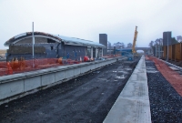 On the down platform at Dunboyne Station, looking south towards Clonsilla, with the new single storey station building on the left, and road overbridge in the distance.