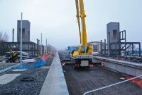 A view of the new lift shafts while under construction at Dunboyne Station. The footbridge is located half way down the platforms. This view is looking north towards Navan.